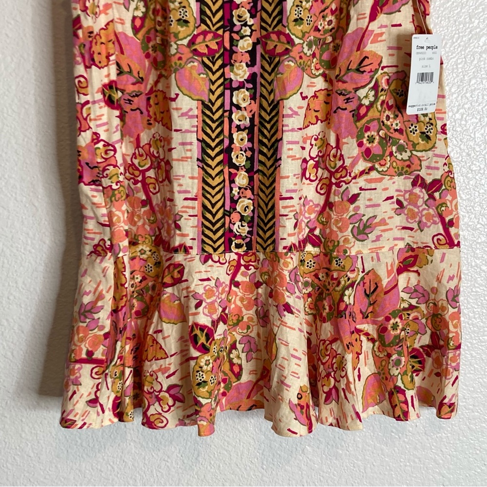 FREE PEOPLE SUMMER IN TULUM LINEN BLEND TUNIC PEBLUM PINK FLORAL mini dress/TOP - Picture 8 of 16
